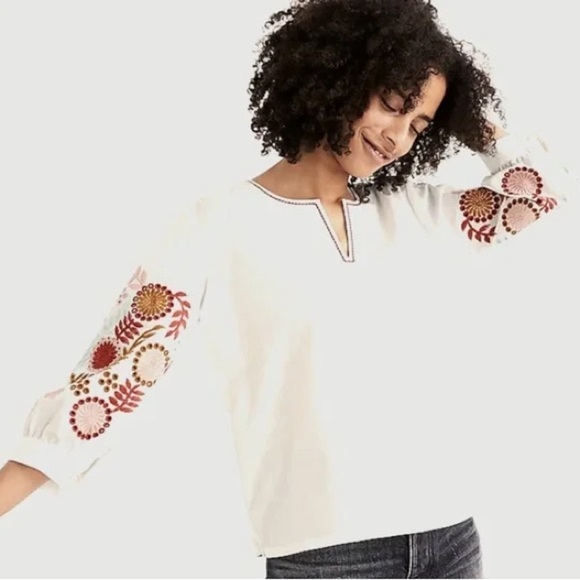 Madewell Tops - Madewell Blouse White Colorful Embroidered Popover Sleeve Hippie 70’s Vibes Sz M